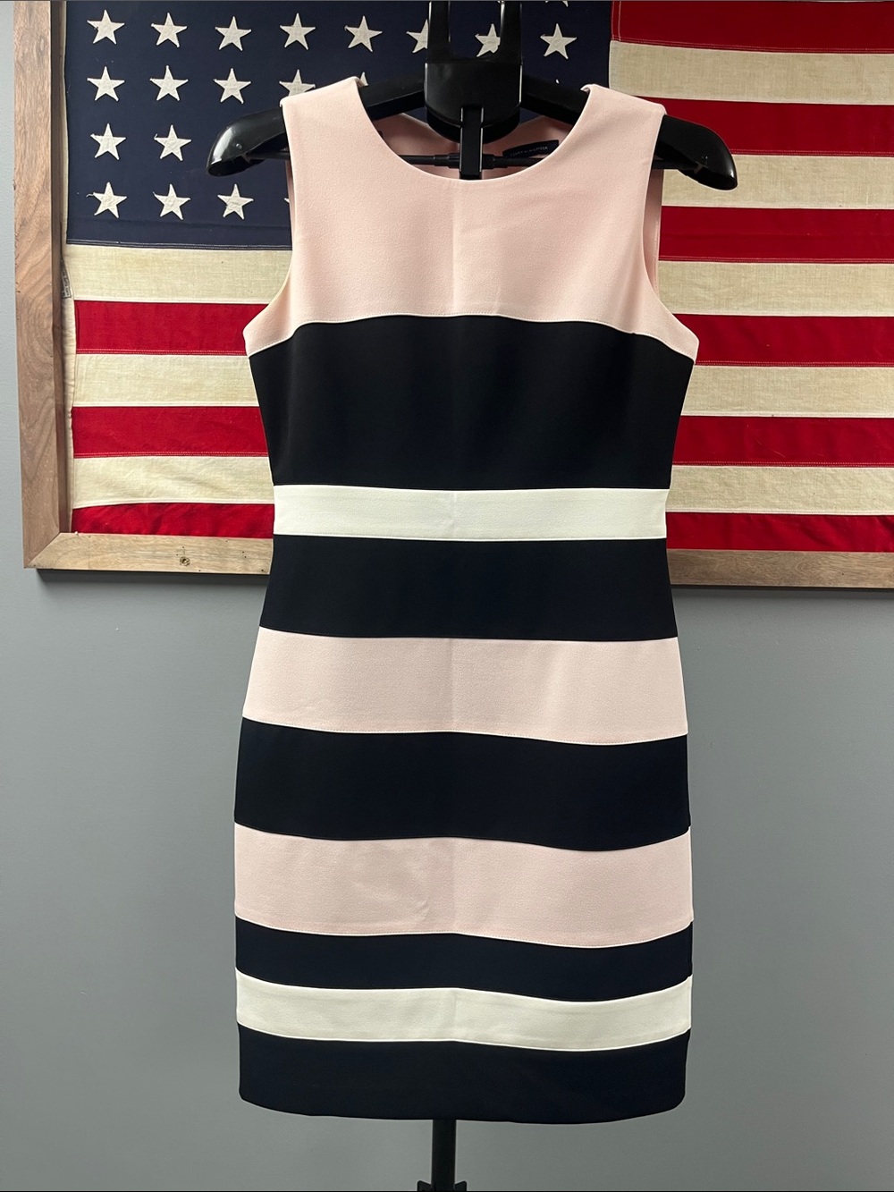 Calvin Kline Sleeveless Black and Blush Stripe Sheath Dress